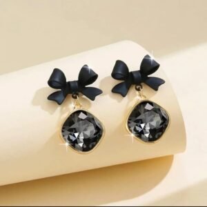 JUALIVA Elegant Black Bow Crystal Drop Earrings for Women & Girls | Lightweight Party Wear Fashion Jewelry