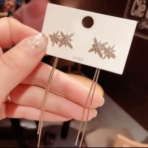 JUALIVA Starburst Crystal Long Tassel Earrings for Women | Elegant Gold Dangle Earrings | 925 Silver Pin | Party & Daily Wear Jewelry