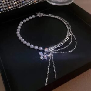 JUALIVA Butterfly Layered Pearl & Silver Chain Necklace for Women | Luxury Multi-Layer Choker | Elegant Party & Bridal Jewelry