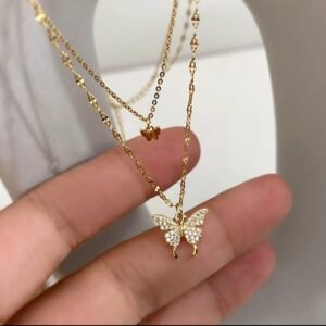 JUALIVA Elegant Dual-Layer Butterfly Pendant Necklace – 18K Gold Plated