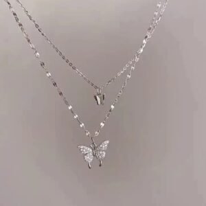 JUALIVA Silver Dual-Layer Butterfly Pendant Necklace – Premium Crystal Shine
