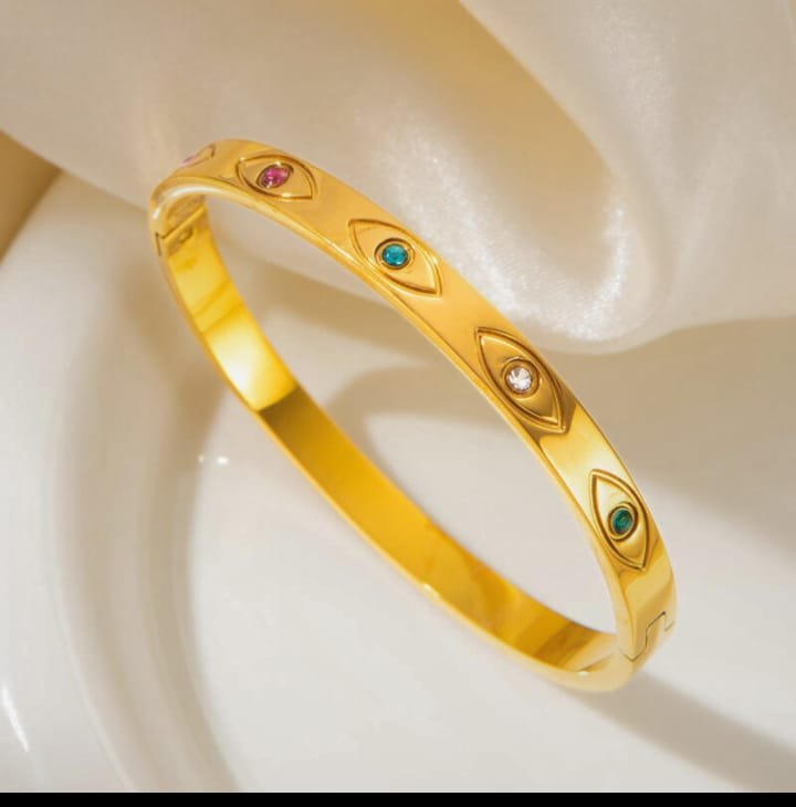JUALIVA Anti-Tarnish Gold Bangle for Women | Multi-Color Stone Bracelet | Luxury Waterproof Jewellery