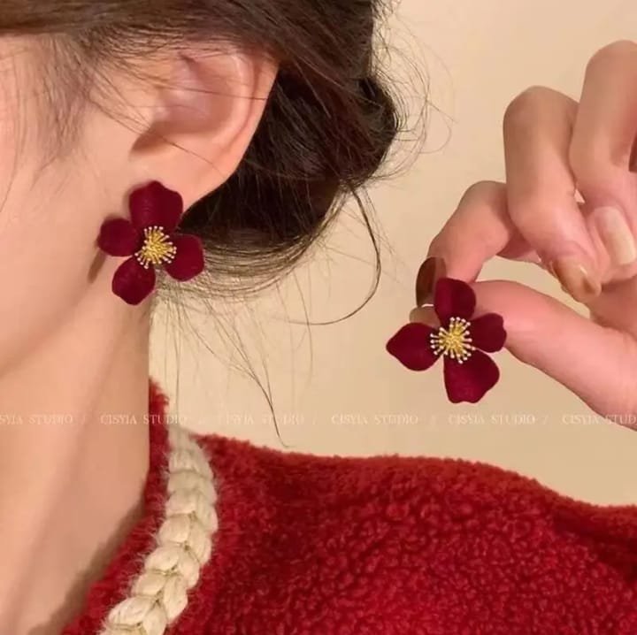 JUALIVA Maroon Flower Velvet Earring