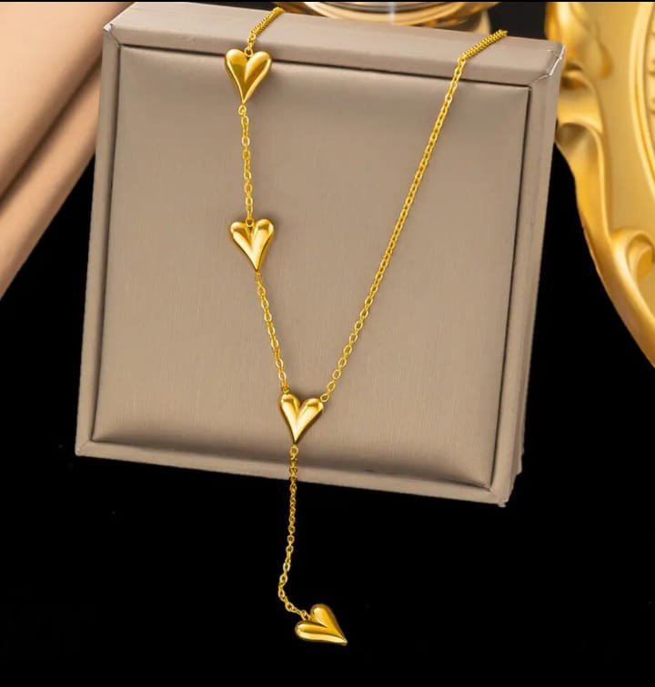 JUALIVA Cascading Hearts Gold Drop Necklace – Elegant Multi-Heart Chain Jewellery