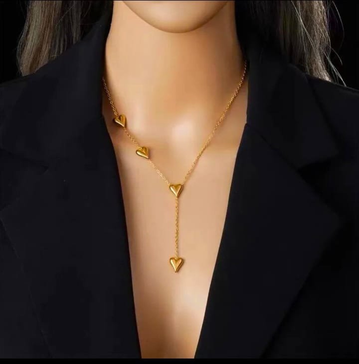 JUALIVA Cascading Hearts Gold Drop Necklace – Elegant Multi-Heart Chain Jewellery