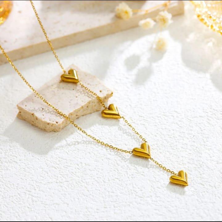 JUALIVA Cascading Hearts Gold Drop Necklace – Elegant Multi-Heart Chain Jewellery