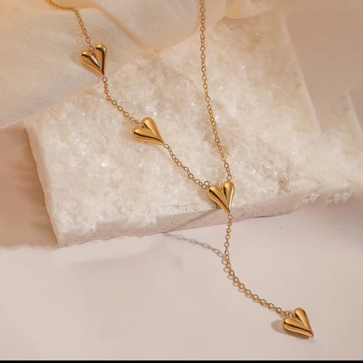 JUALIVA Cascading Hearts Gold Drop Necklace – Elegant Multi-Heart Chain Jewellery