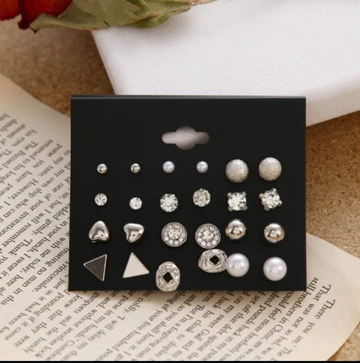 JUALIVA 12-Pair Silver Tone Stud Earrings Combo Set