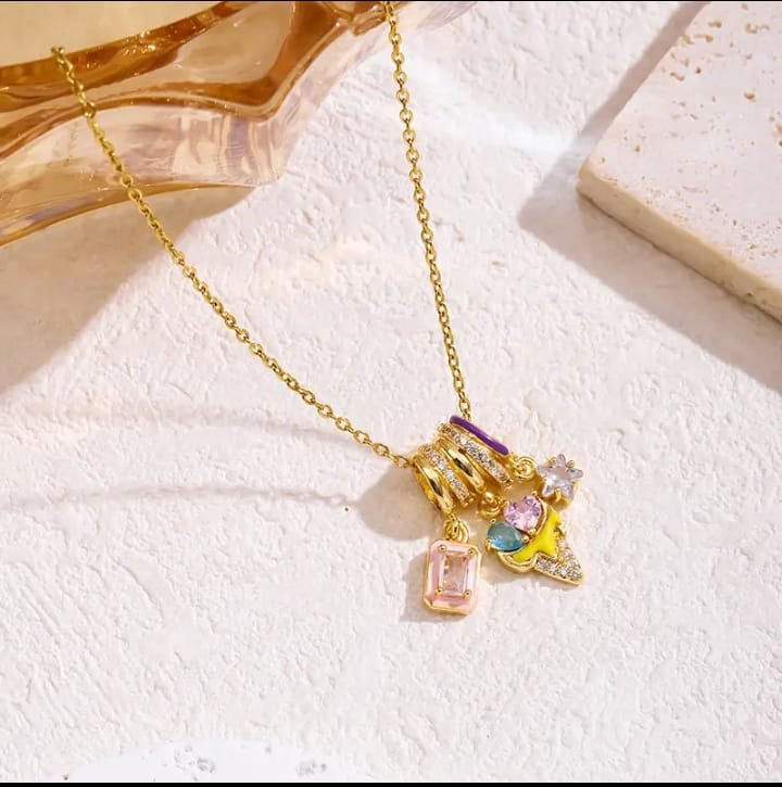 JUALIVA Multicolor Charm Necklace – Luxe Gold Chain with Crystal & Star Charms