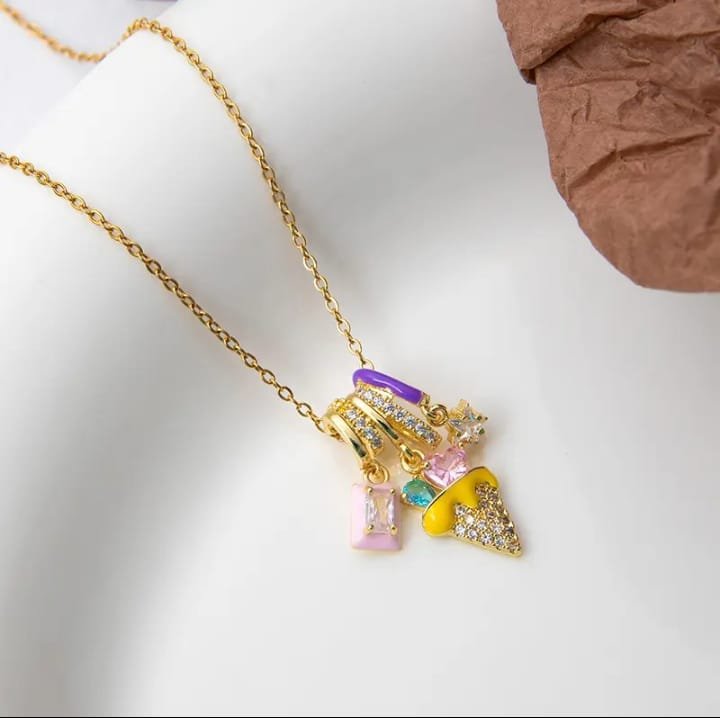 JUALIVA Multicolor Charm Necklace – Luxe Gold Chain with Crystal & Star Charms