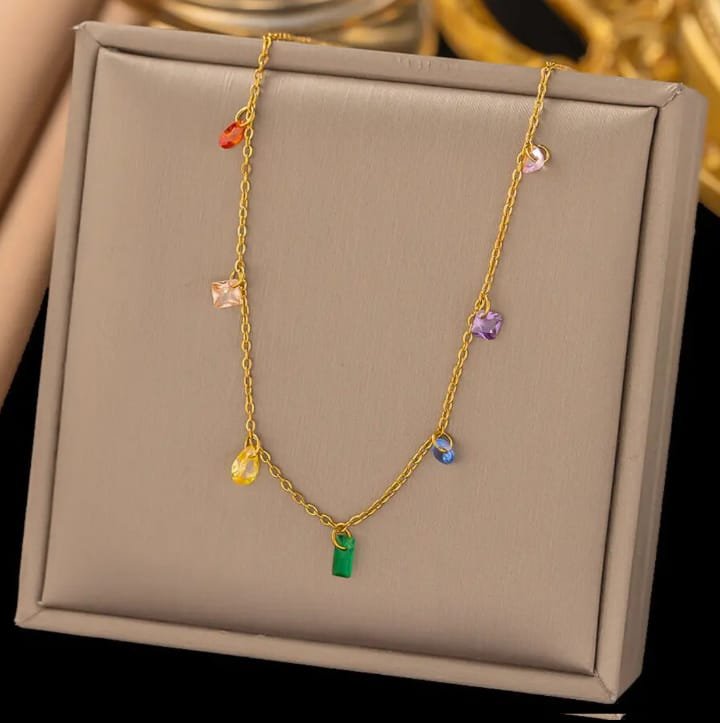 JUALIVA Aurora Charm Necklace – Multicolor Crystal Gold Chain for Everyday Elegance