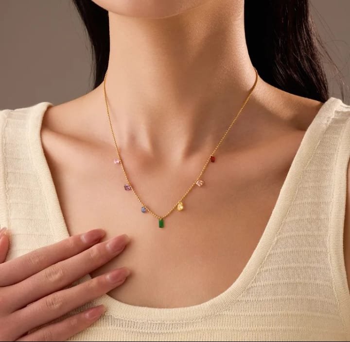 JUALIVA Aurora Charm Necklace – Multicolor Crystal Gold Chain for Everyday Elegance