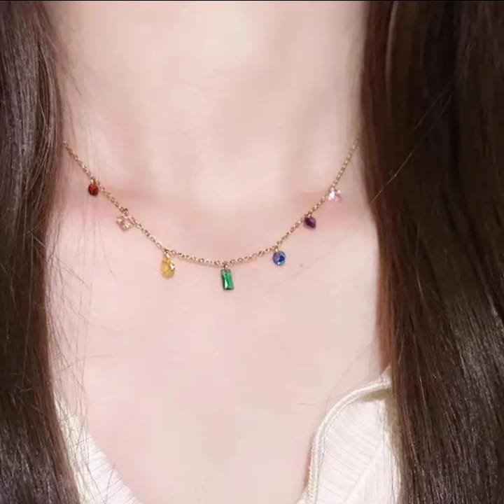 JUALIVA Aurora Charm Necklace – Multicolor Crystal Gold Chain for Everyday Elegance