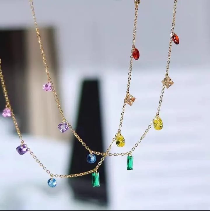 JUALIVA Aurora Charm Necklace – Multicolor Crystal Gold Chain for Everyday Elegance