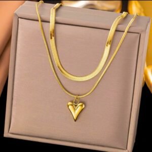 JUALIVA Aurelia Layered Heart Necklace – Double Gold Chain with Sculpted Heart Pendant