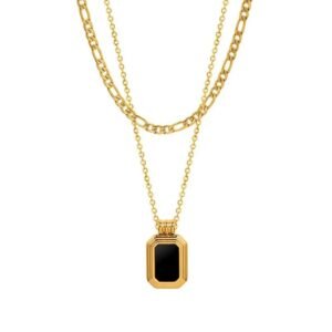JUALIVA Noir Luxe Layered Necklace – Dual Gold Chain with Black Enamel Pendant