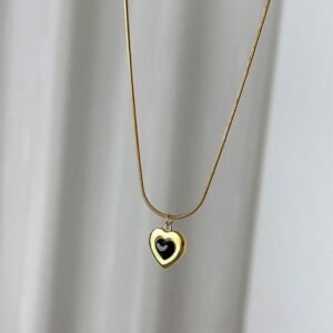 JUALIVA Midnight Heart Pendant Necklace – Gold Chain with Black Enamel Heart
