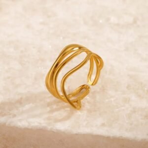 JUALIVA Flowing Wave Gold Ring – Minimal Layered Adjustable Statement Ring