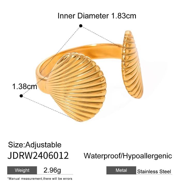 JUALIVA Golden Seashell Open Ring – Ocean-Inspired Textured Adjustable Statement Ring