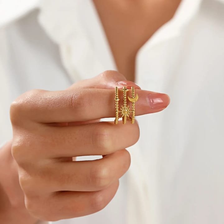 JUALIVA Celestial Moon & Stars Adjustable Gold Ring – Beaded Stainless Steel Statement Ring