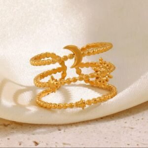 JUALIVA Celestial Moon & Stars Adjustable Gold Ring – Beaded Stainless Steel Statement Ring