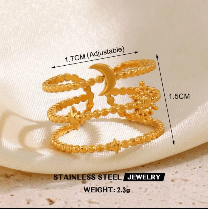 JUALIVA Celestial Moon & Stars Adjustable Gold Ring – Beaded Stainless Steel Statement Ring