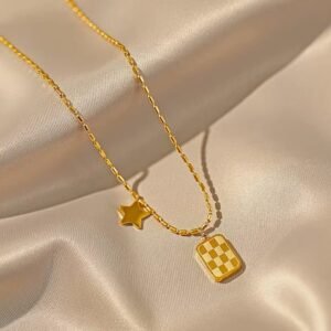 JUALIVA Stellar Checkered Charm Gold Necklace