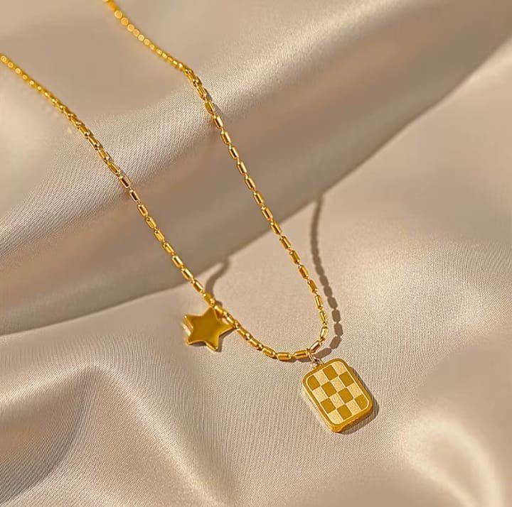 JUALIVA Stellar Checkered Charm Gold Necklace
