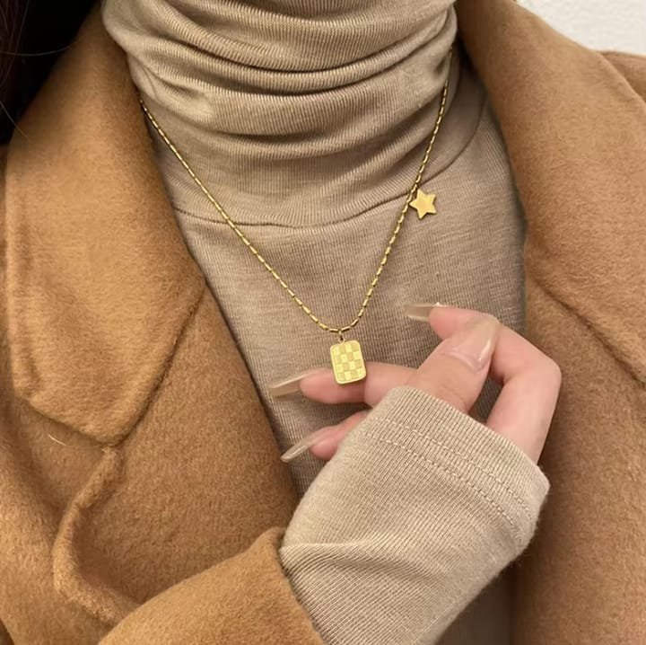 JUALIVA Stellar Checkered Charm Gold Necklace