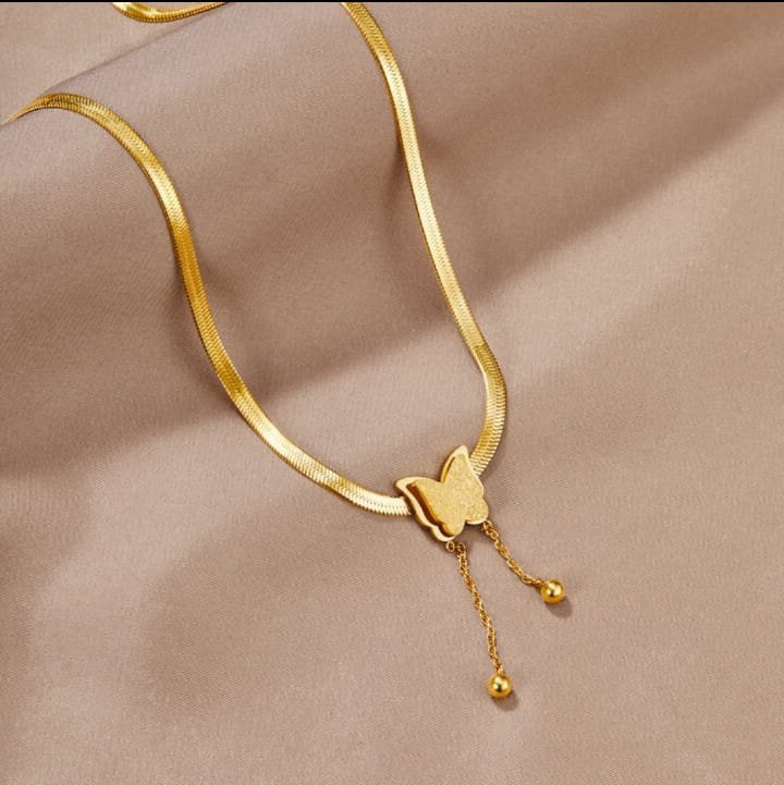 JUALIVA Golden Butterfly Drop Necklace with Dual Chain Accent