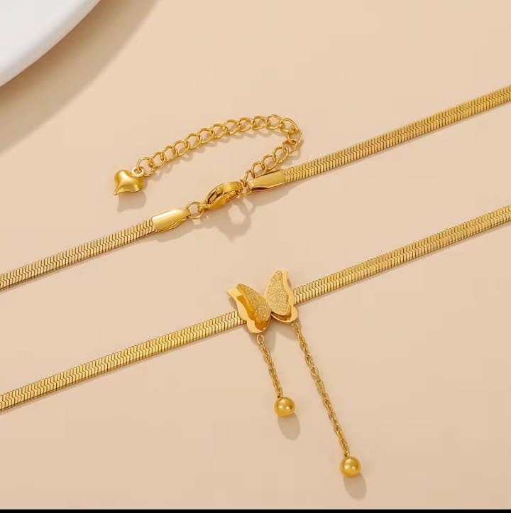 JUALIVA Golden Butterfly Drop Necklace with Dual Chain Accent