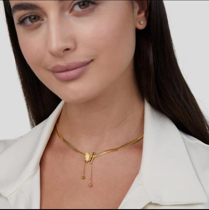 JUALIVA Golden Butterfly Drop Necklace with Dual Chain Accent