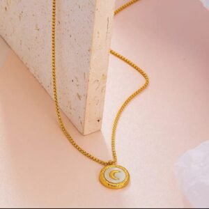 JUALIVA Celestial Moon Gold Pendant Necklace – Minimal Round Crescent Charm Jewellery