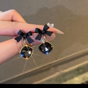 JUALIVA Black Bow Crystal Drop Earrings (Luxury Party Wear)