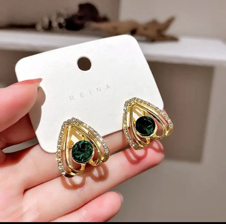 JUALIVA Emerald Glow Gold Stud Earrings (Luxury Crystal Design)