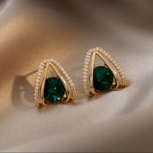 JUALIVA Emerald Glow Gold Stud Earrings (Luxury Crystal Design)