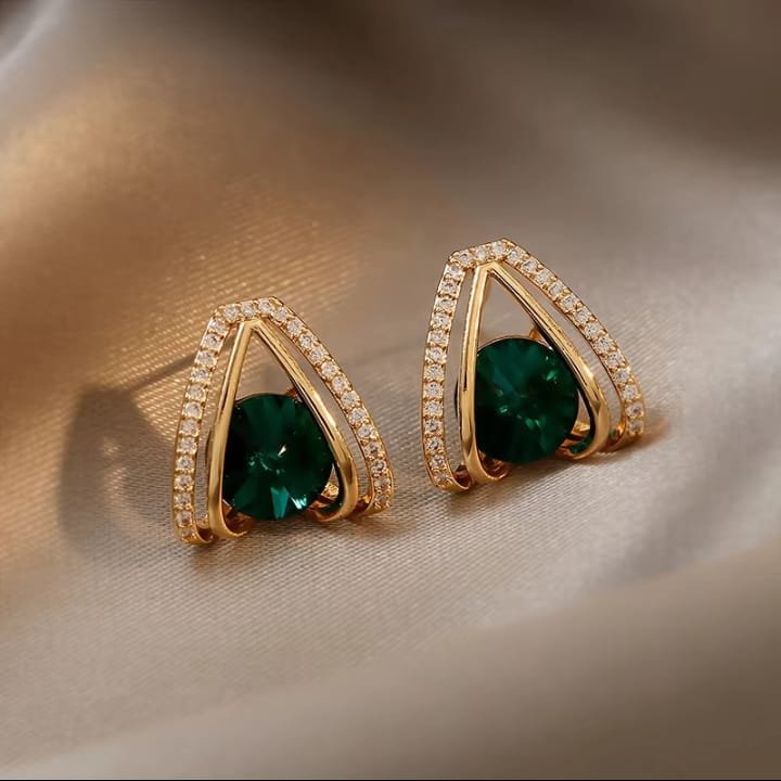 JUALIVA Emerald Glow Gold Stud Earrings (Luxury Crystal Design)