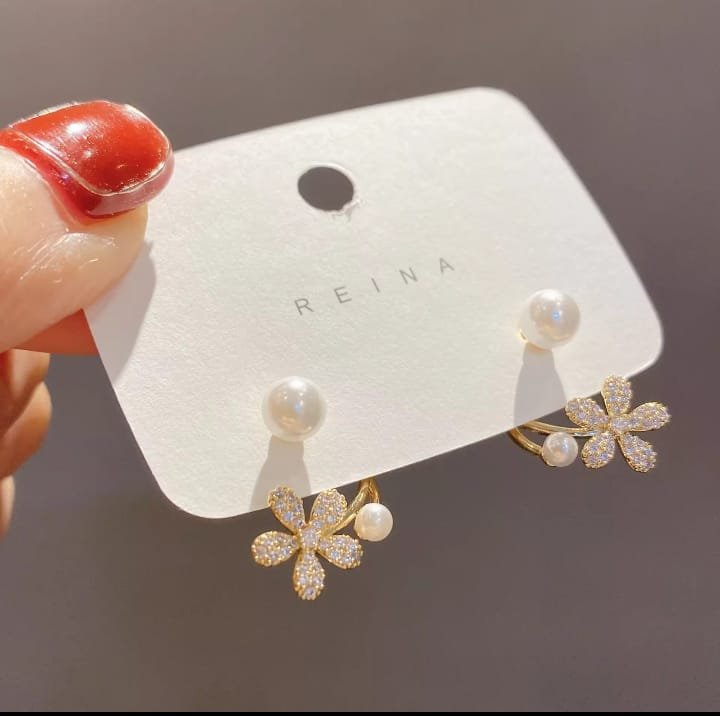 JUALIVA Pearl Blossom Ear Jacket Stud Earrings (Elegant Floral Design)