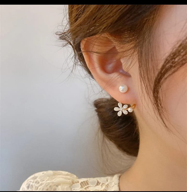 JUALIVA Pearl Blossom Ear Jacket Stud Earrings (Elegant Floral Design)