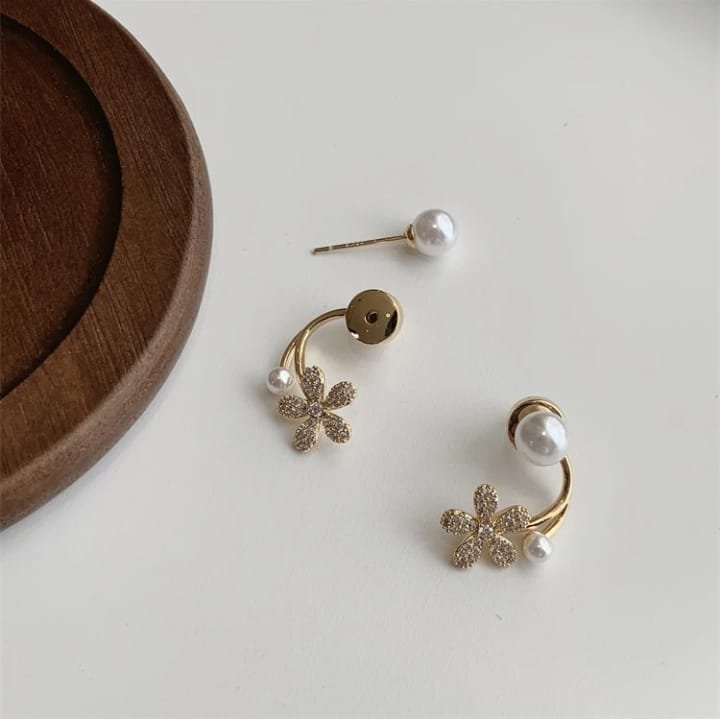 JUALIVA Pearl Blossom Ear Jacket Stud Earrings (Elegant Floral Design)