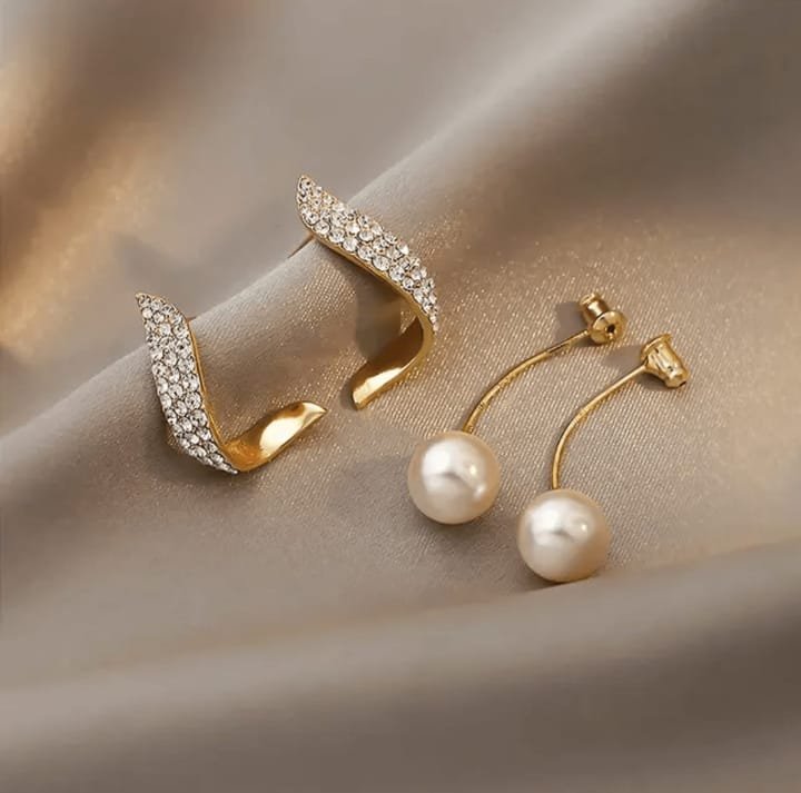 JUALIVA Crystal Curve Pearl Ear Jacket Earrings (Elegant Detachable Design)