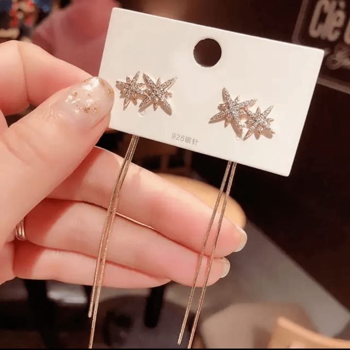 JUALIVA Crystal Star Chain Drop Earrings (Elegant Long Dangle Style)