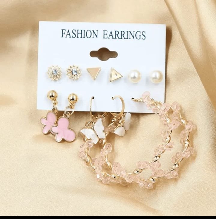 JUALIVA 7-Pair Butterfly & Pearl Earrings Combo Set (Trendy Fashion Collection)